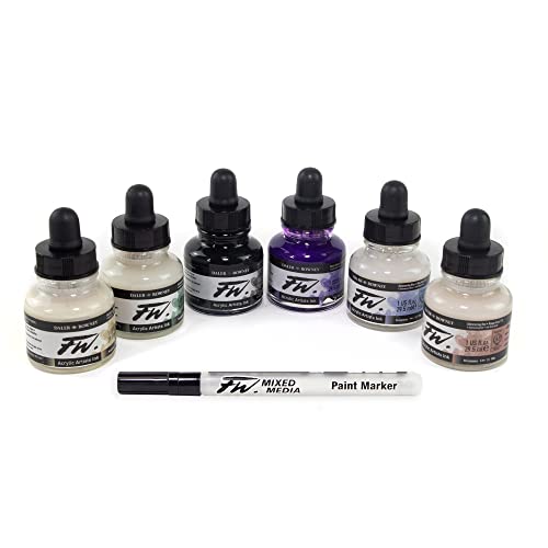 Daler-Rowney FW Acrylic Ink Bottle 6-Color Shimmering Set with Empty Marker - Acrylic Set of Drawing Inks for Artists and Students - Permanent Art Ink Calligraphy Set - style: 6 Pack, Shimmering