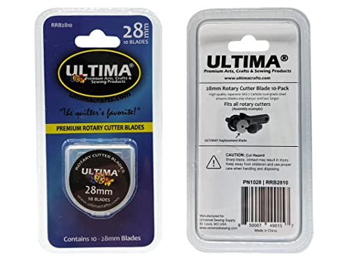 Ultima 28mm Rotary Cutter Blades – 10 Blades Per Pack – Fits Most Rotary Cutters Including Fiskars, Olfa, Martelli and TrueCut – Cuts Quilting Fabric, Leather, and More - size: 28mm