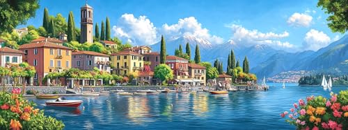 Bimkole Large Diamond Art Kits for Adults House, Full Drill 5D DIY Rhinestone Embroidery Set Paint with Diamonds Art Landscape by Number Kits Cross Stitch Home Wall Craft Decoration 31.5x11.81 Inch - color: Lakeside Town