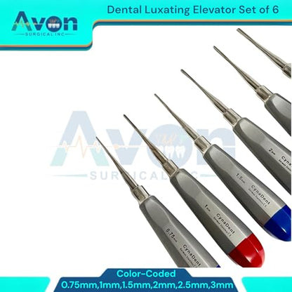 Color-Coded Dental Root Elevator Picks, Straight, 0.75mm, 1mm, 1.5mm, 2mm, 2.5mm, 3mm | Autoclave-Safe German Stainless Steel | 6PCS Bundle