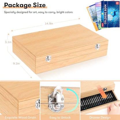 iBayam 150-Pack Deluxe Wooden Art Set Crafts Drawing Painting Kit | 1 Coloring Book, 2 Sketch Pads, Creative Gift Box for Adults Artist Beginners Kids Girls Boys - color: Natural