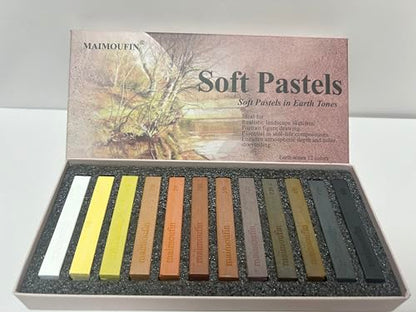 12-Pack Earth Tone Square Soft Pastels&10Sheets 5 Color Sanded Pastel Paper (15.4" x 10.7")