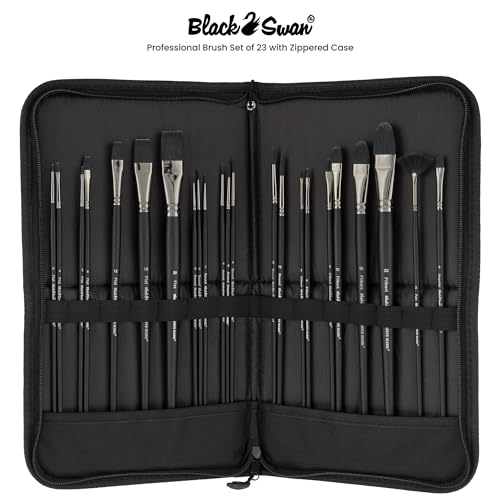 Creative Mark Black Swan Paint Brush Set Synthetic Red Sable Brushes for Acrylics, Oils, Glazings & Heavy Body Media - [Set of 23 Assorted Brushes w/Brush Easel Case]