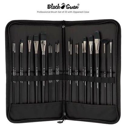 Creative Mark Black Swan Paint Brush Set Synthetic Red Sable Brushes for Acrylics, Oils, Glazings & Heavy Body Media - [Set of 23 Assorted Brushes w/Brush Easel Case]