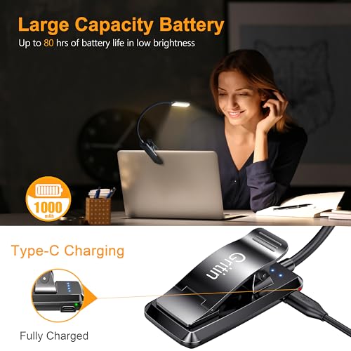 Gritin 9 LED Rechargeable Book Light for Reading in Bed | Eye Caring 3 Color Temps,Stepless Dimming Brightness,80 Hrs Runtime Small Lightweight Clip On Book Reading Light for Studying - color: ‎Black