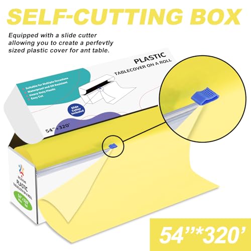 54IN X 320FT Plastic Table Cover Roll with Cutter Box, Cut to Size Plastic Table Cloths for Parties, Birthday, (Light Yellow, 54"x3840"(Rectangular)) - color: Light Yellow, size: 3840" x 54" (Rectangular)