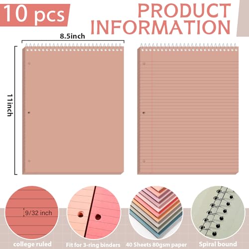 10 Packs 8.5 x 11 inch Top Spiral Notebook with 3 Hole Punched Legal Pads 40 Sheets College Ruled Notepad Hard Cardboard Paper Wirebound Pads for Business School Office Home Supplies (Retro) - color: Retro