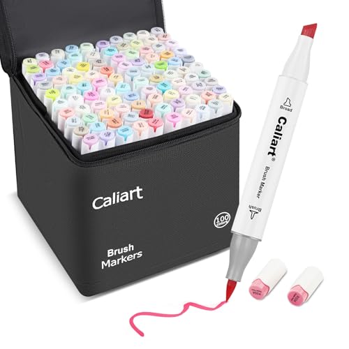 Caliart 100 Colors Pastel Alcohol Markers Brush Tip & Chisel Art Markers - style: Chisel & Brush