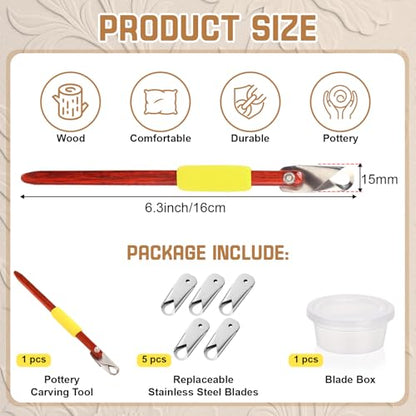 Lanties Pottery Carving Tools Set Include 5 Stainless Steel Blades & Red Pear Wood Handle, Sculpture Scraper Craft Modelling Tools for Clay, Ceramic Sculpting, Graffito, Relief Art(U-tip) - style: U-tip