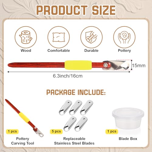 Lanties Pottery Carving Tools Set Include 5 Stainless Steel Blades & Red Pear Wood Handle, Sculpture Scraper Craft Modelling Tools for Clay, Ceramic Sculpting, Graffito, Relief Art(U-tip) - style: U-tip