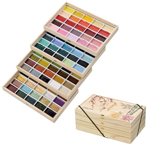 Kuretake Gansai Tambi Watercolor Paint Set, 100 Colors, Wooden Box, Japan | All 100 colors, wooden gift box, includes Starry, Iridescent & Sumi colors, Professional Use, Artist Grade - style: 100 Colors Ⅳ