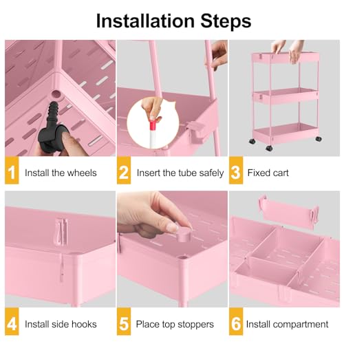 SPACELEAD 3 Tier Rolling Cart with Wheels, Storage Craft Art Trolley Organizer Serving, 3 Hanging Baskets Easy Assembly, for Office, Living Room, Kitchen, Pink - color: Pink