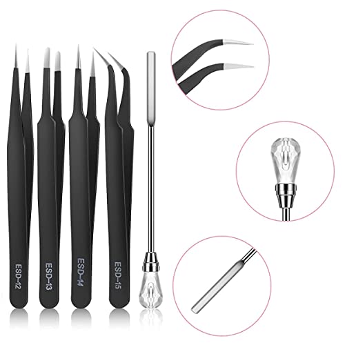 11 Pcs Silicone Resin Mold Tools Set Stirring Needle Spoon Tool Tweezers Precision Kit, Anti-Static Electronics Tweezers Set for Resin Art Crafts,Jewelry Making(Rose Red+White) - color: Rose Red & White & Black