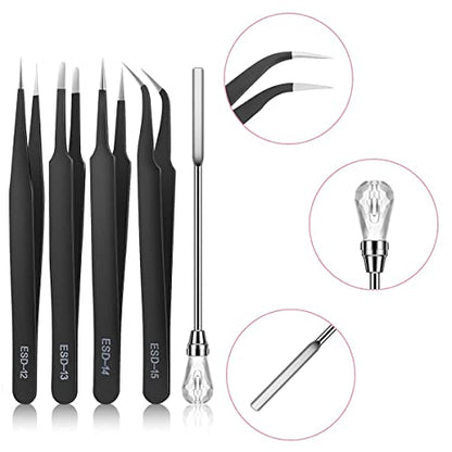 11 Pcs Silicone Resin Mold Tools Set Stirring Needle Spoon Tool Tweezers Precision Kit, Anti-Static Electronics Tweezers Set for Resin Art Crafts,Jewelry Making(Rose Red+White) - color: Rose Red & White & Black