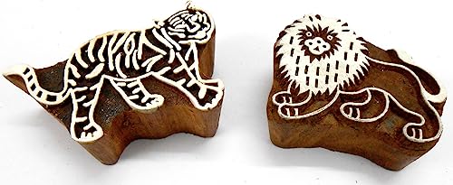 Lion Tiger Wooden Blocks Stamps for Printing on Textiles, Pottery Crafts,Henna, Scrapbooking (Set of 2) - size: Pack # 107