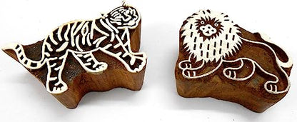 Lion Tiger Wooden Blocks Stamps for Printing on Textiles, Pottery Crafts,Henna, Scrapbooking (Set of 2) - size: Pack # 107