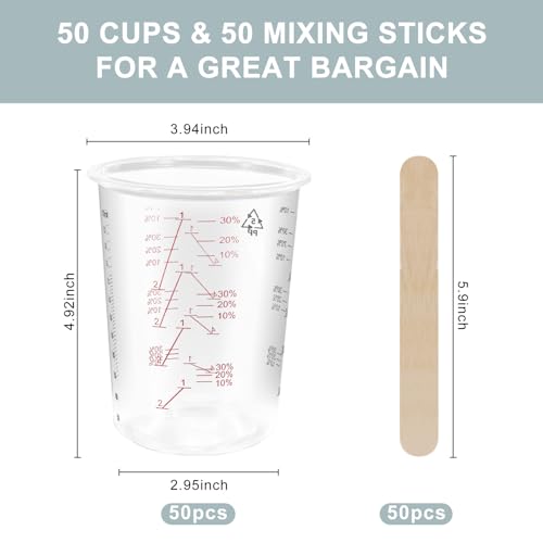 50-Pack Mixing Cups Set Paint Mixing Cups 20 oz (600ml) with 50 Wooden Sticks,Easy Measuring Ratios 2:1, 3:1, 4:1,Ideal for Epoxy Resin, Paint, and More - size: 50P-20OZ