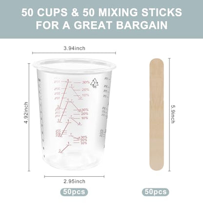 50-Pack Mixing Cups Set Paint Mixing Cups 20 oz (600ml) with 50 Wooden Sticks,Easy Measuring Ratios 2:1, 3:1, 4:1,Ideal for Epoxy Resin, Paint, and More - size: 50P-20OZ