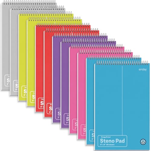 Enday Steno Pads Spiral 6x9 12 Pack, Gregg Rule White Paper, 80 Sheets Steno Notebook for writing in Pink, Purple, Green, Blue, Red, Grey, Multicolor - size: 12