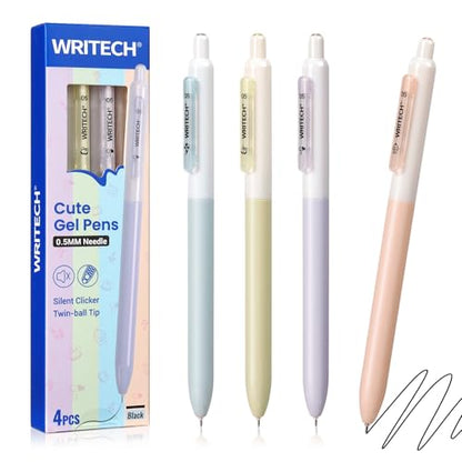 WRITECH Gel Pens Fine Point: 0.5mm Black Silent Click Needle Tip 4ct - color: Black-4ct