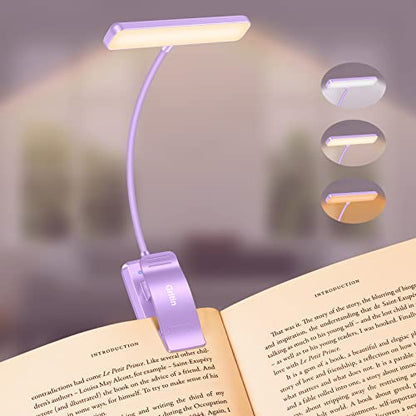 Gritin 19 LED Rechargeable Book Light for Reading in Bed | Eye Caring 3 Color Temps,Stepless Dimming Brightness,Memory Function,90 Hrs Runtime Lightweight Clip on Light-Purple - color: Purple