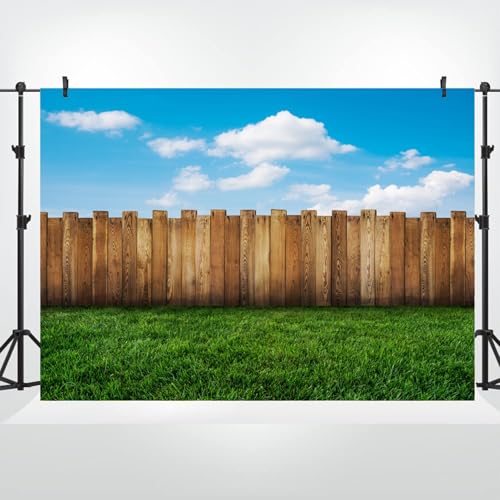 8x6.5ft Meadow Backdrop Wooden Fence Blue Sky Spring Scenery Outdoor Picnic Party Background Countryside Field Backdrop Nature Backdrops - size: 8x6.5ft
