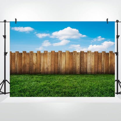 10x6.5ft Meadow Backdrop Wooden Fence Blue Sky Spring Scenery Outdoor Picnic Party Background Countryside Field Backdrop Nature Backdrops - size: 10x6.5ft