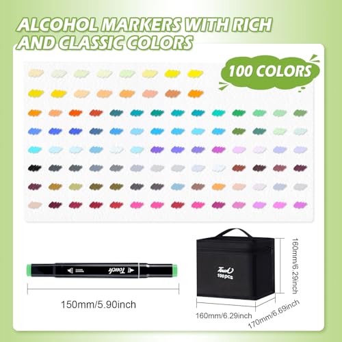 100 Colors Alcohol Markers, Dual Tip Fine & Chisel Pens, Art Markers Sketch Pens Permanent Alcohol Based for Adults Coloring Books Illustration Sketching Painting Art Supplies - color: 100 Colors