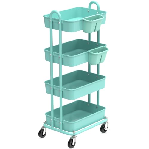 Simple Houseware 4-Tier Rolling Utility Cart with Hanging Bucket, Turquoise - color: Chrome, size: 4-Tier