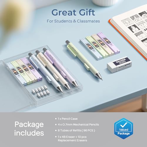 Nicpro Pastel Mechanical Pencil Set, 0.7mm Cute Pencils, Fast Click, 4 Pack | Mechanical Pencils Bulk, 8 Tubes HB Lead Refills, Erasers+9 Refills, Storage Case, for School Writing Drawing Note Taking - style: 4PCS-0.7mm