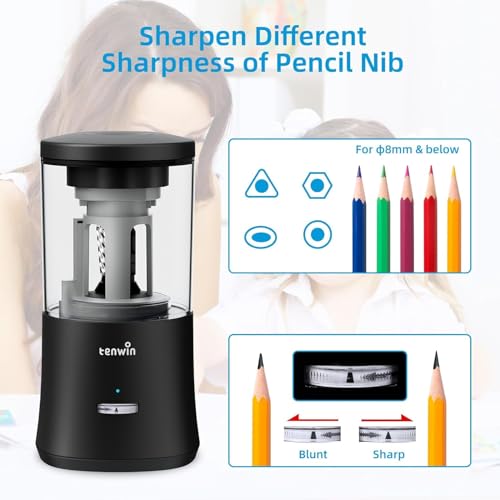tenwin Fully Automatic Pencil Sharpener for 6-8mm Pencils, Hands-Free - color: Black