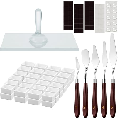 Nuanchu 109 Pcs Paint Muller Glass Slab Set,1.97'' in Dia,Long Handle | Drawing Knives and Half Pans with Magnetic Stripe for Making Colors, Glass Muller for Oil Acrylic Watercolor DIY Projects - size: 1.97'' in Dia, style: Long Handle