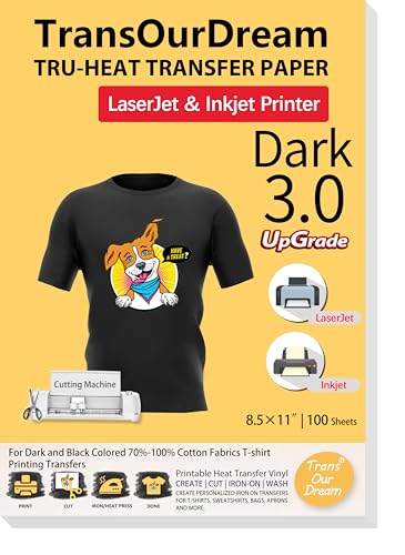 TransOurDream Iron on Heat Transfer Paper for Dark T Shirts (100 Sheets 8.5x11, Dark 3.0) Printable HTV Heat Transfer Vinyl for Inkjet & Laserjet Printer Iron On transfers for T Shirts (TRANS-D3-100) - color: Dark, size: 100 Sheets