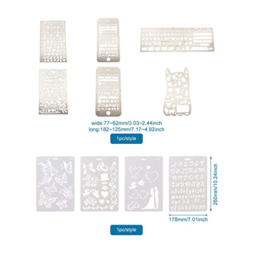 KISSITTY 10Pcs/Set Plastic & Stainless Steel Drawing Stencil Kits Reusable Painting Stencil Bookmark Metal Journal Templates Craft Stencils for DIY Scrapbook Album Wedding Card Journal Painting