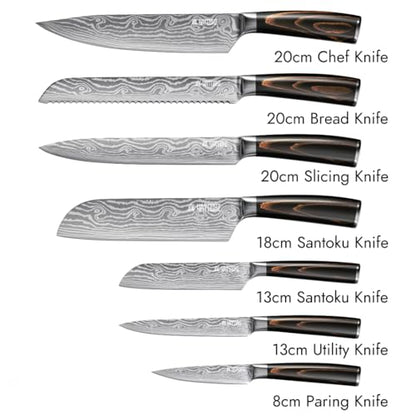 Yatoshi 7 Knife Set - Pro Kitchen Knife Set Ultra Sharp High Carbon Stainless Steel with Ergonomic Handle - color: Brown, size: 7-Piece