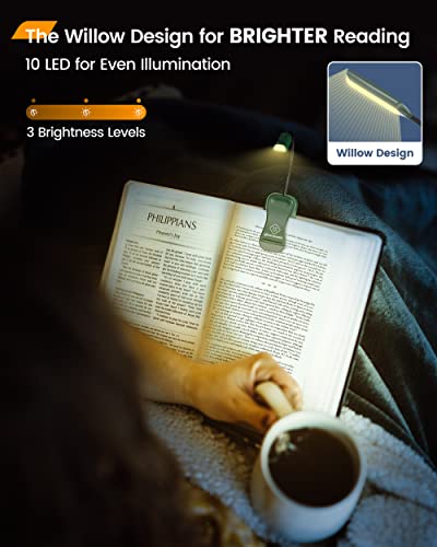 Glocusent Willow Book Light for Reading in Bed, 10 LED Bright Reading Light | 3 Colors & 3 Brightness, Rechargeable, 80Hrs, Lightweight, Clip on, Christmas Stocking Stuffers, Gifts, Book Lovers, Reader - color: Green