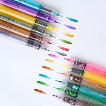 ROSYMENG 12 Colors Glitter Paint Pens, Extra Fine 0.05mm Metallic Brush Pen | Water‑Based, Smooth Ink Flow, Great for Adults DIY Crafts, Greeting Cards, Journaling, Drawing, Scrapbooks -Style B - color: 12 Colors (Style B)