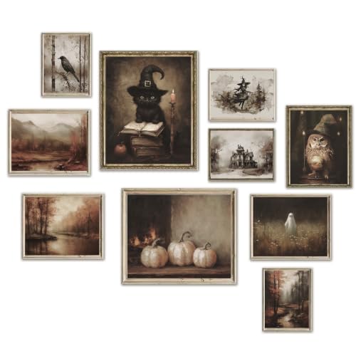 KBKBART 10pc Halloween Wall Art Print Spooky Ghost Autumn Landscape Posters | Halloween Canvas Wall Art Prints Unframed, Dark Academia Moody Ghost Pictures Wall Decor, for Bedroom Living Room Bathroom - color: Moody Gothic