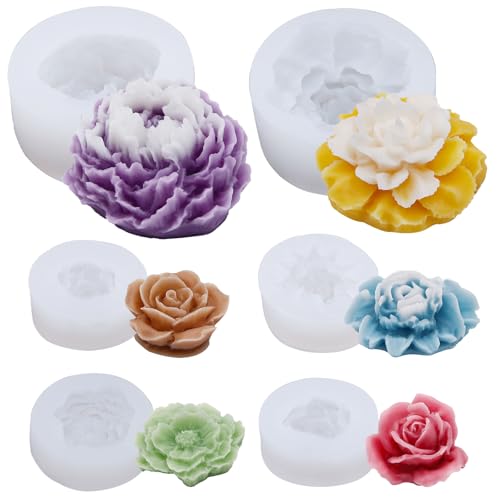EuTengHao Peony Silicone Mold Set Flower Silicone Casting Mold Rose Resin Mold Easy Release Reusable for Wax Scented Candle Soap - Artistic Design for Home Decoration (6 Packs)