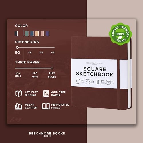 Beechmore Books 8x8 Square Mixed Media Sketchbook 160 GSM/98lb, Gift Box | Vegan Leather Hardcover Art Journal with Lay-Flat Binding, Perforated Ivory Pages for Drawing & Doodling - color: Chestnut Brown, size: Square - 8" x 8"