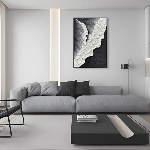 NANKAI Hand-Painted Thick Texture Black and White Abstract Canvas Art Ocean Wave Beach Landscape Oil Painting Home Wall Art Deco Oil Painting 24X36 Inches (with Solid Wood Exterior Frame) - color: Nkhb282
