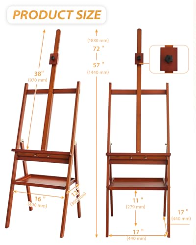 Painting Easel Stand with Storage Tray, 57"-72" Height Adjustable Art Easel | Non-foldable beech wood easel, H-frame artist easel stand for painting, Wooden floor easel holds canvas up to 36" - color: Walnut