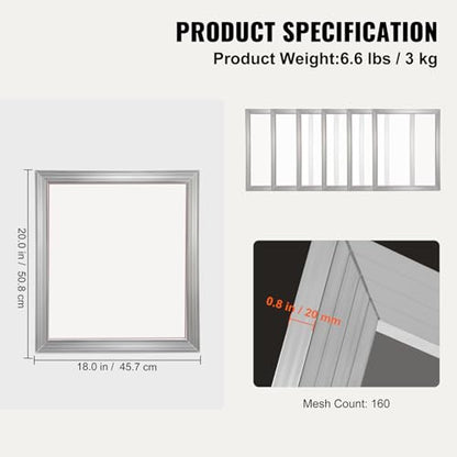 VEVOR Screen Printing Kit, 6 Pieces Aluminum Silk Screen Printing Frames, 18x20inch Silk Screen Printing Frame with 160 Count Mesh, High Tension Nylon Mesh and Sealing Tape for T-Shirts DIY Printing - size: 18x20inch-6