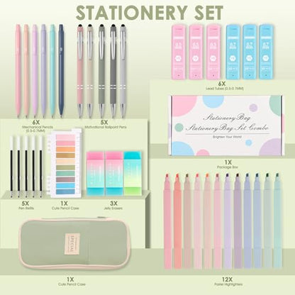 39PCS Aesthetic School Supplies with Cute Pencil Case, 5X Ballpoint Pens with Stylus Tip, 12X Pastel Highlighters, 6X Mechanical Pencil Set 0.5&0.7mm, Suit for Preppy School College Essentials(green) - color: Green