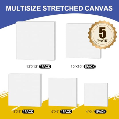 FUMILE Stretched Canvas for Painting Multi 5 Pack Square Canvas 4x4, 6x6, 8x8, 10x10, 12x12(1 of Each), Cotton Primed Acid Free Blank Canvases for Oil Paint, Acrylic Paint, Gouache and Tempera. - size: 4x4, 6x6, 8x8, 10x10, 12x12 in