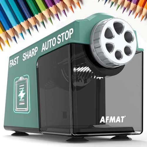 AFMAT Electric Pencil Sharpener for Classroom, 6 Holes, Cordless & Rechargeable, Super Fast, Auto Stop, 10K+ Uses, Heavy Duty Pencil Sharpener for 6-11mm No.2/Large/Colored Pencils PSD4(Green) - color: Green