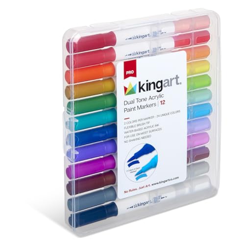 KINGART Dual Tone Acrylic Paint Markers, 12 Pens - Fine Tip, Water-Based Ink, Markers - Ideal for Calligraphy, Illustrations, Journaling