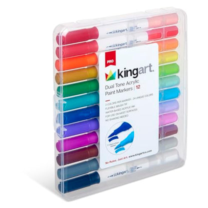 KINGART Dual Tone Acrylic Paint Markers, 12 Pens - Fine Tip, Water-Based Ink, Markers - Ideal for Calligraphy, Illustrations, Journaling