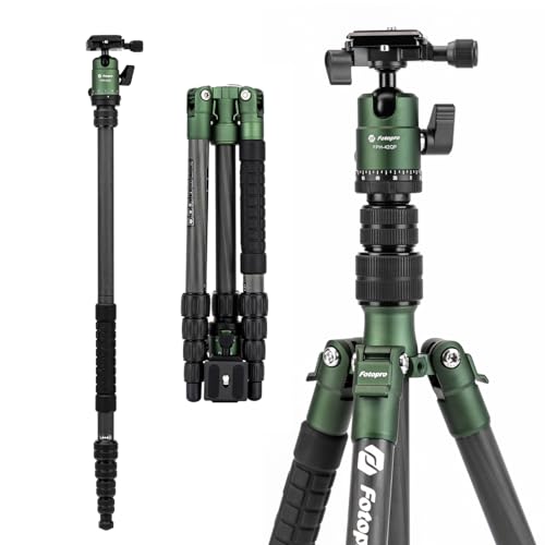 Fotopro 60" Carbon Fiber Camera Travel Tripod, 2lbs Super Lightweight Compact Tripod with 360° Metal Ball Head, Detachable Monopod, with Arca QR Plate & Bag, Load up to 8KG/17.63lbs, for SLR DSLR - color: Green, size: 62" Basic (Carbon Fiber)