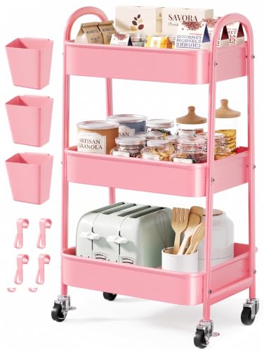 3 Tier Rolling Storage Cart Metal with Wheels, Pink Three Tiered Craft Cart Organizer on Wheels, Utility Carts for Baby Nursery, Diaper Caddy, Art, Book, Snack, Nail, Makeup, Bathroom Supplies, Mesh - color: Soft Pink